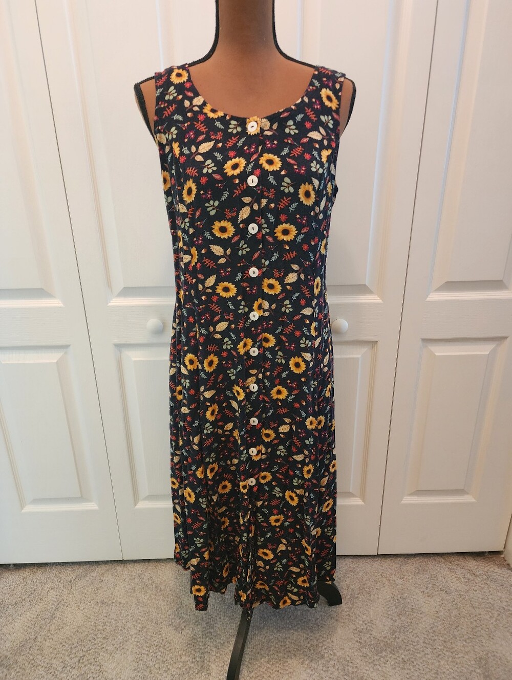 Blair Novelty Print Button Front Midi Dress - Black with Yellow Sunflowers